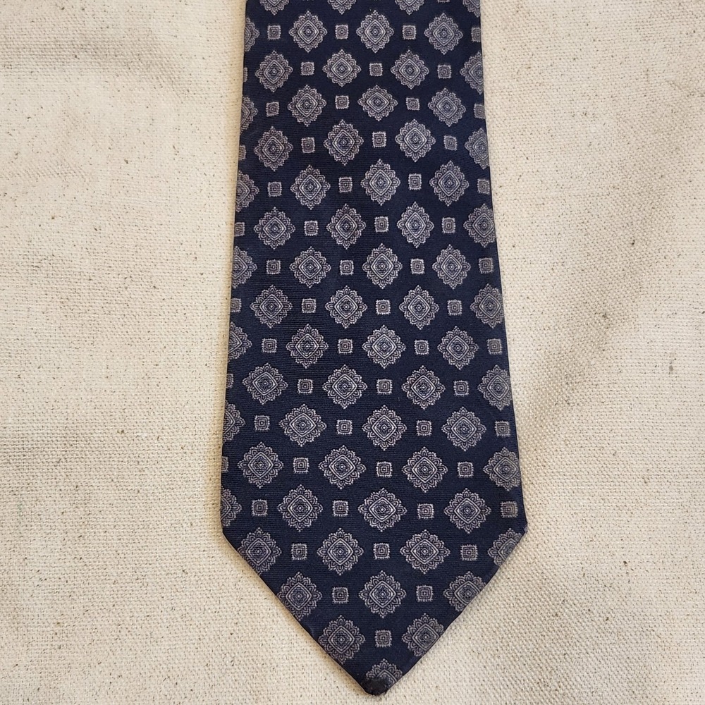 Vintage Burberrys of London Silk Tie Navy Blue Geometric Medallion Hand Made